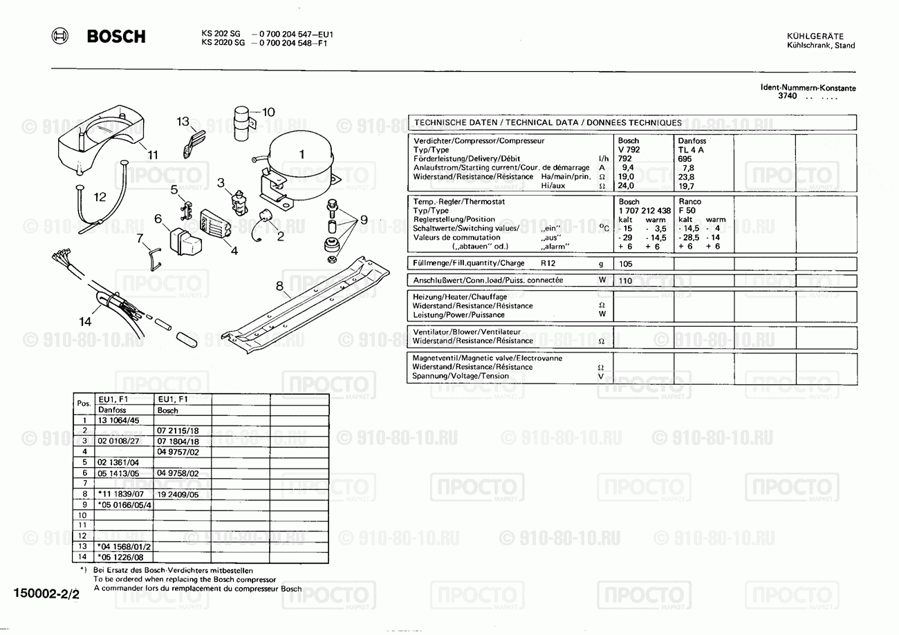 Холодильник Bosch 0700204547(00) - взрыв-схема