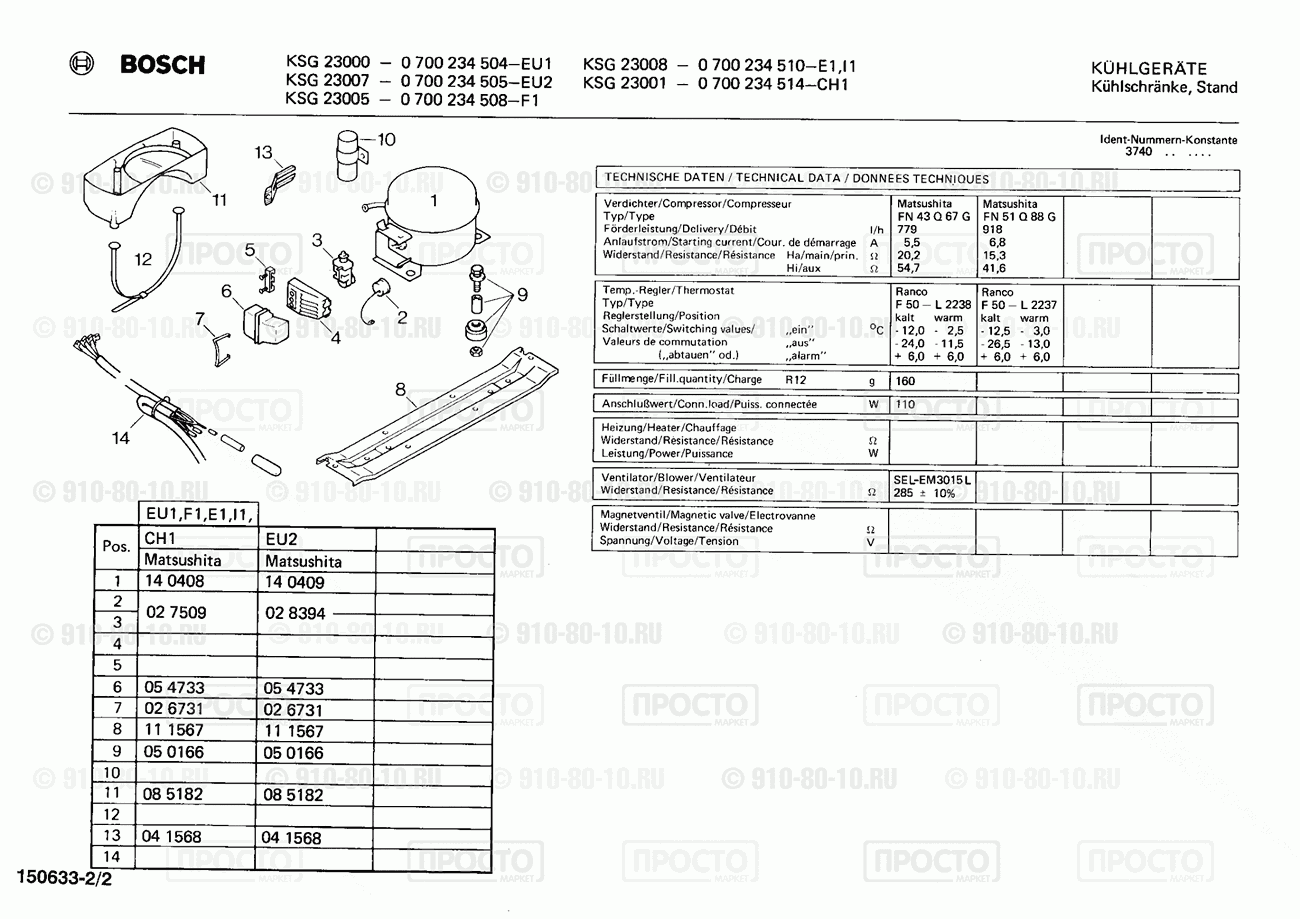 Холодильник Bosch 0700234504(00) - взрыв-схема