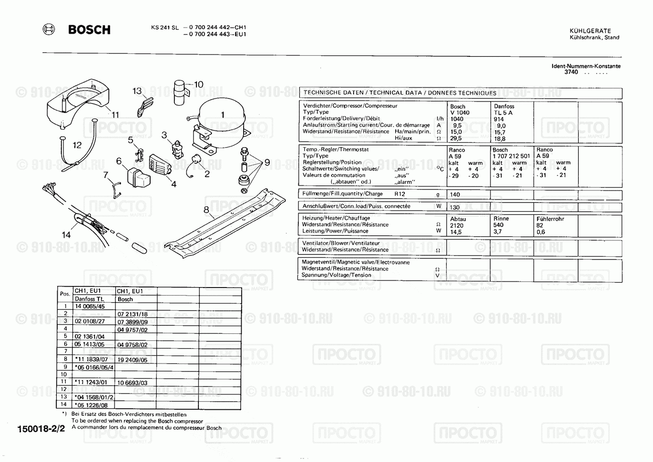 Холодильник Bosch 0700244442(00) - взрыв-схема