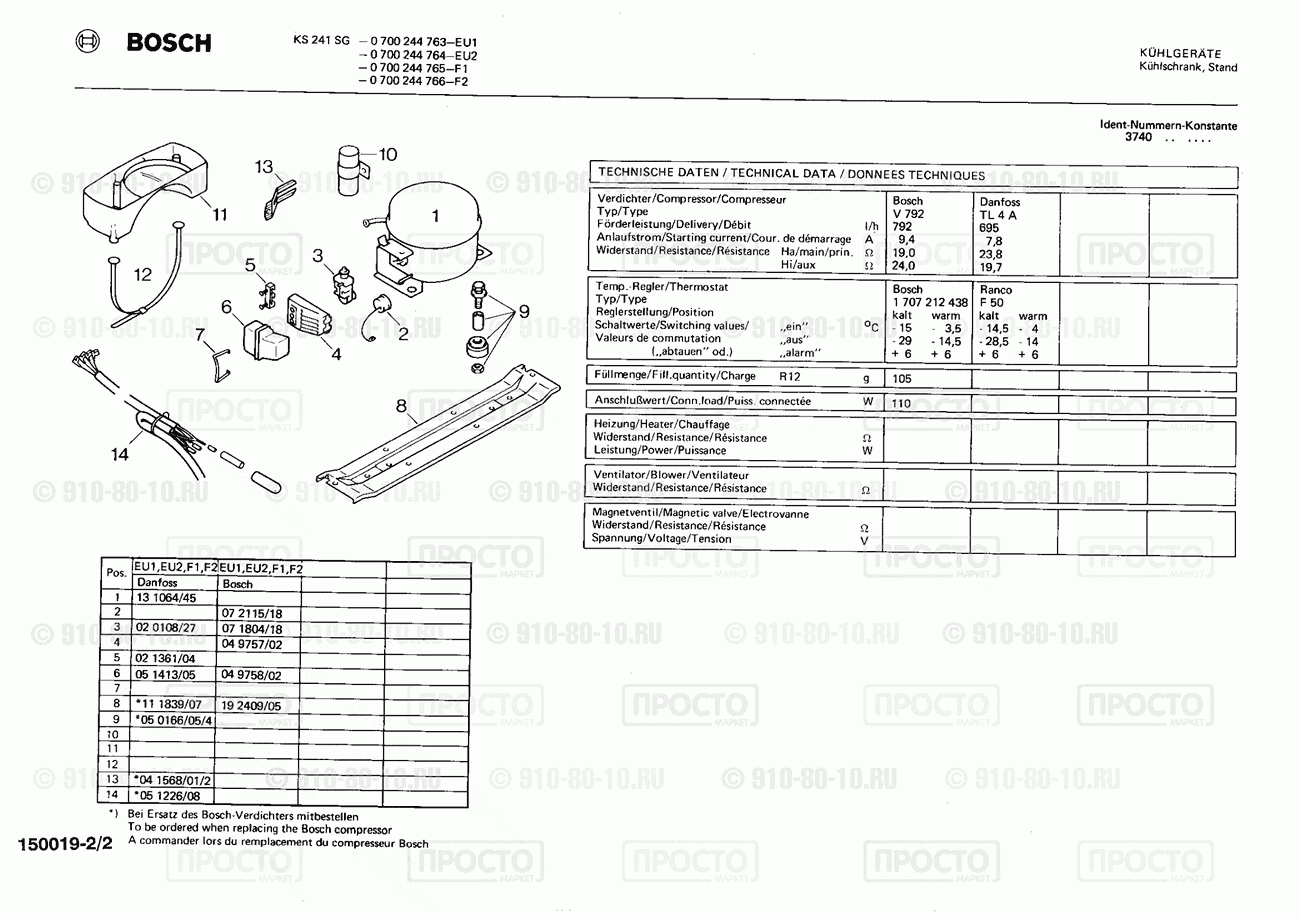 Холодильник Bosch 0700244765(00) - взрыв-схема