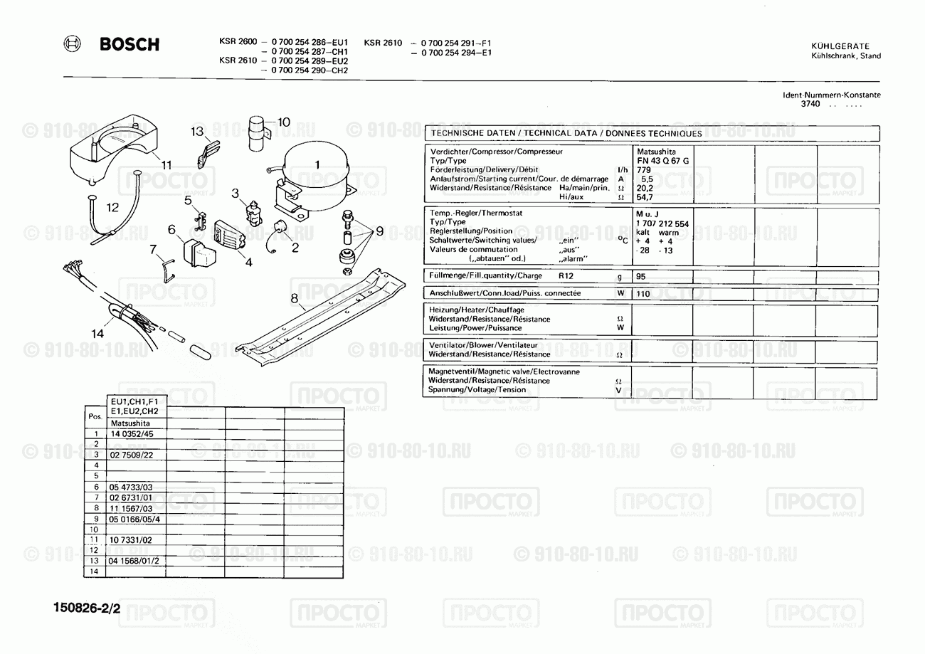 Холодильник Bosch 0700254286(00) - взрыв-схема
