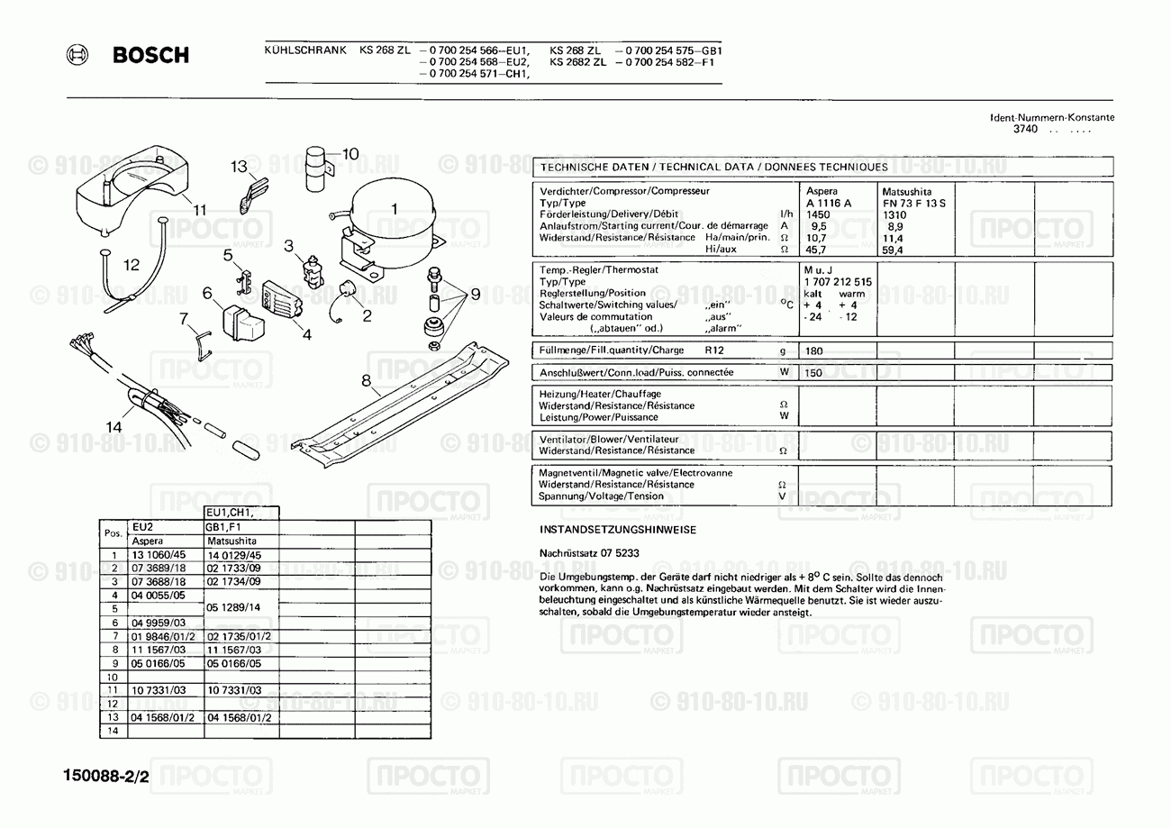 Холодильник Bosch 0700254566(00) - взрыв-схема