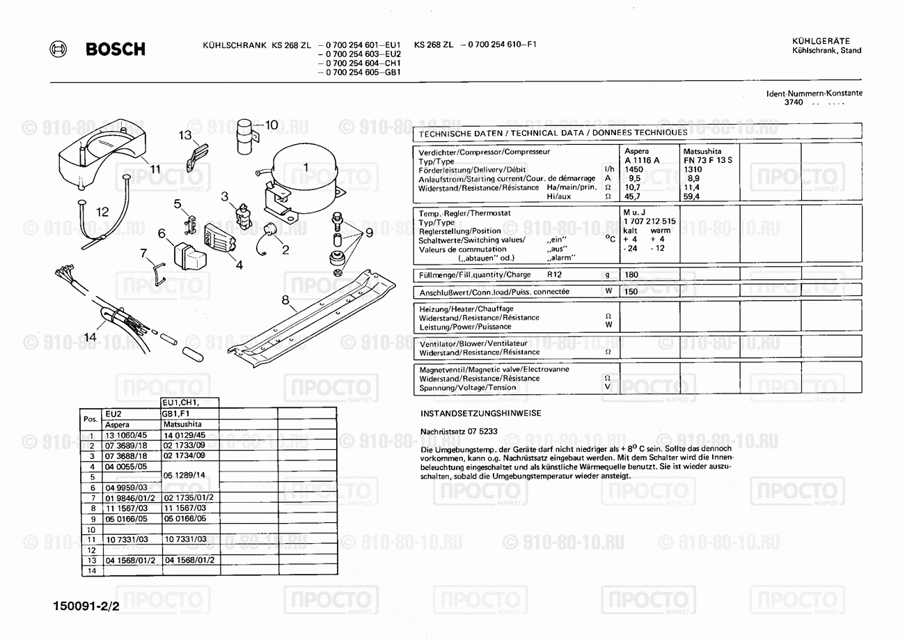 Холодильник Bosch 0700254601(00) - взрыв-схема