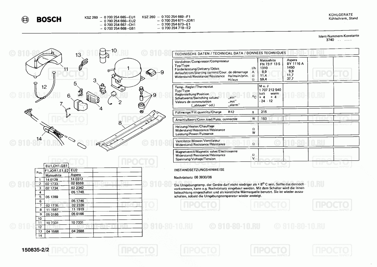 Холодильник Bosch 0700254665(00) - взрыв-схема