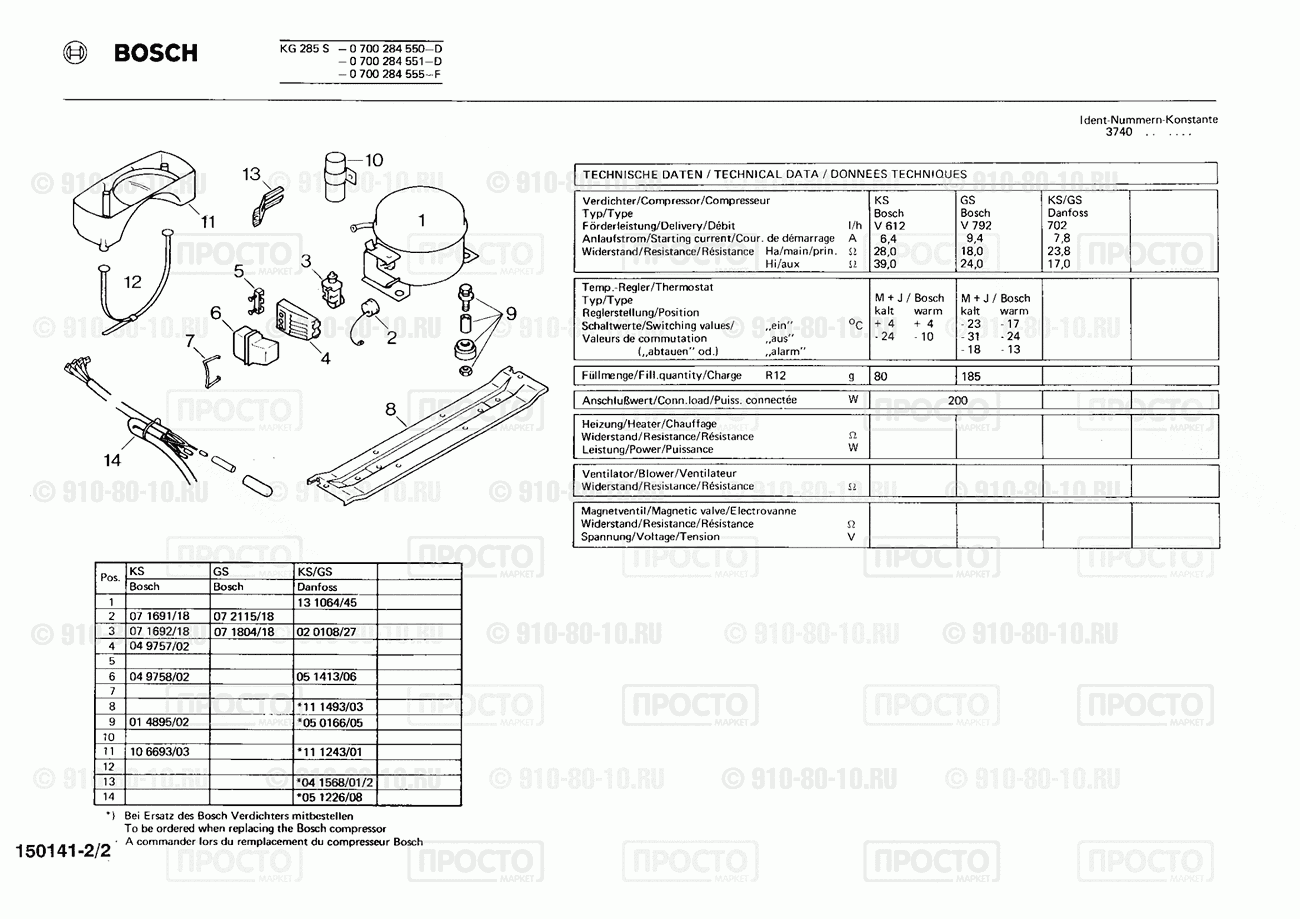 Холодильник Bosch 0700284551(00) - взрыв-схема