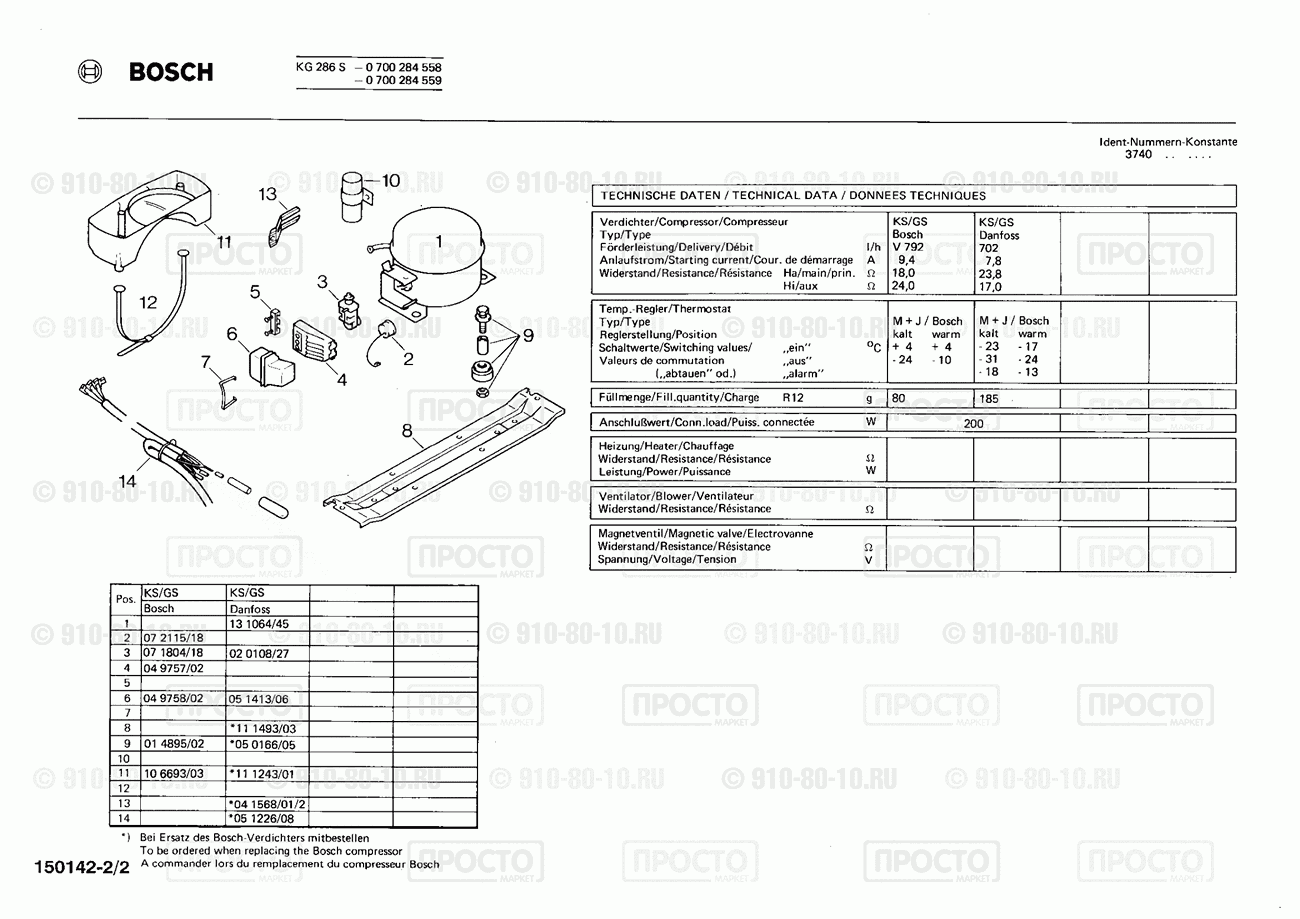 Холодильник Bosch 0700284558(00) - взрыв-схема