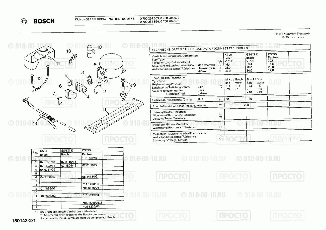 Холодильник Bosch 0700284563(00) - взрыв-схема