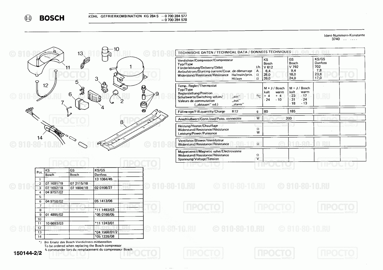 Холодильник Bosch 0700284577(00) - взрыв-схема