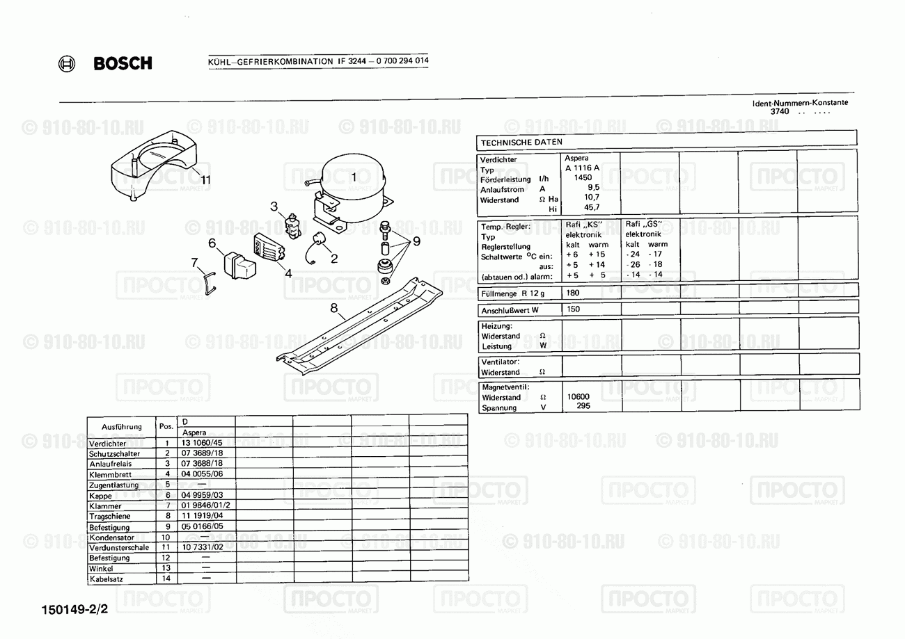 Холодильник Bosch 0700294014(00) - взрыв-схема