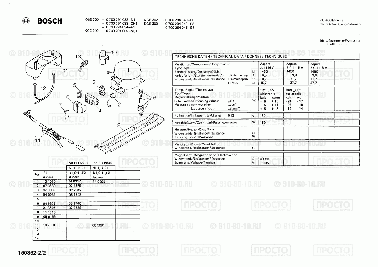 Холодильник Bosch 0700294032(00) - взрыв-схема