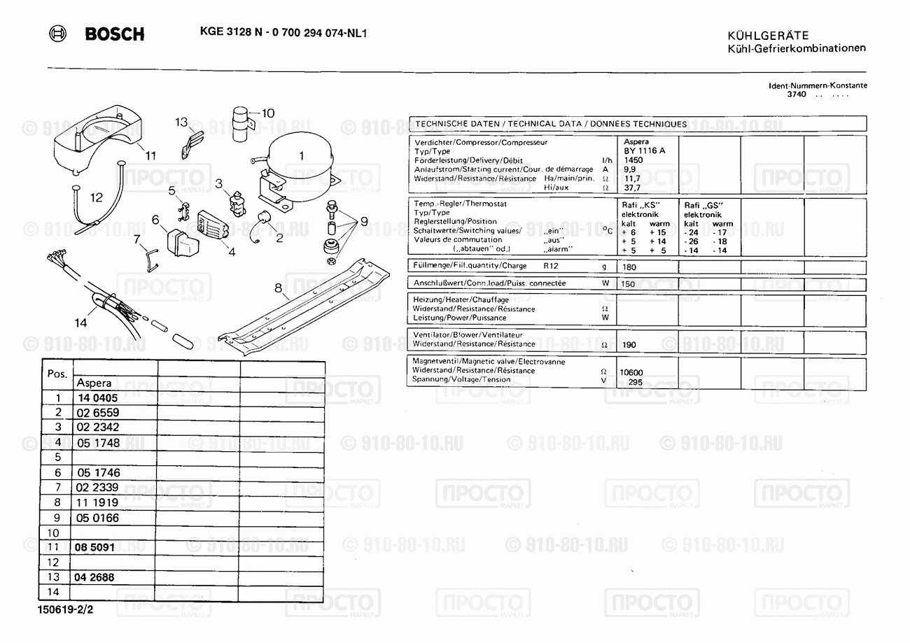 Холодильник Bosch 0700294074(00) - взрыв-схема