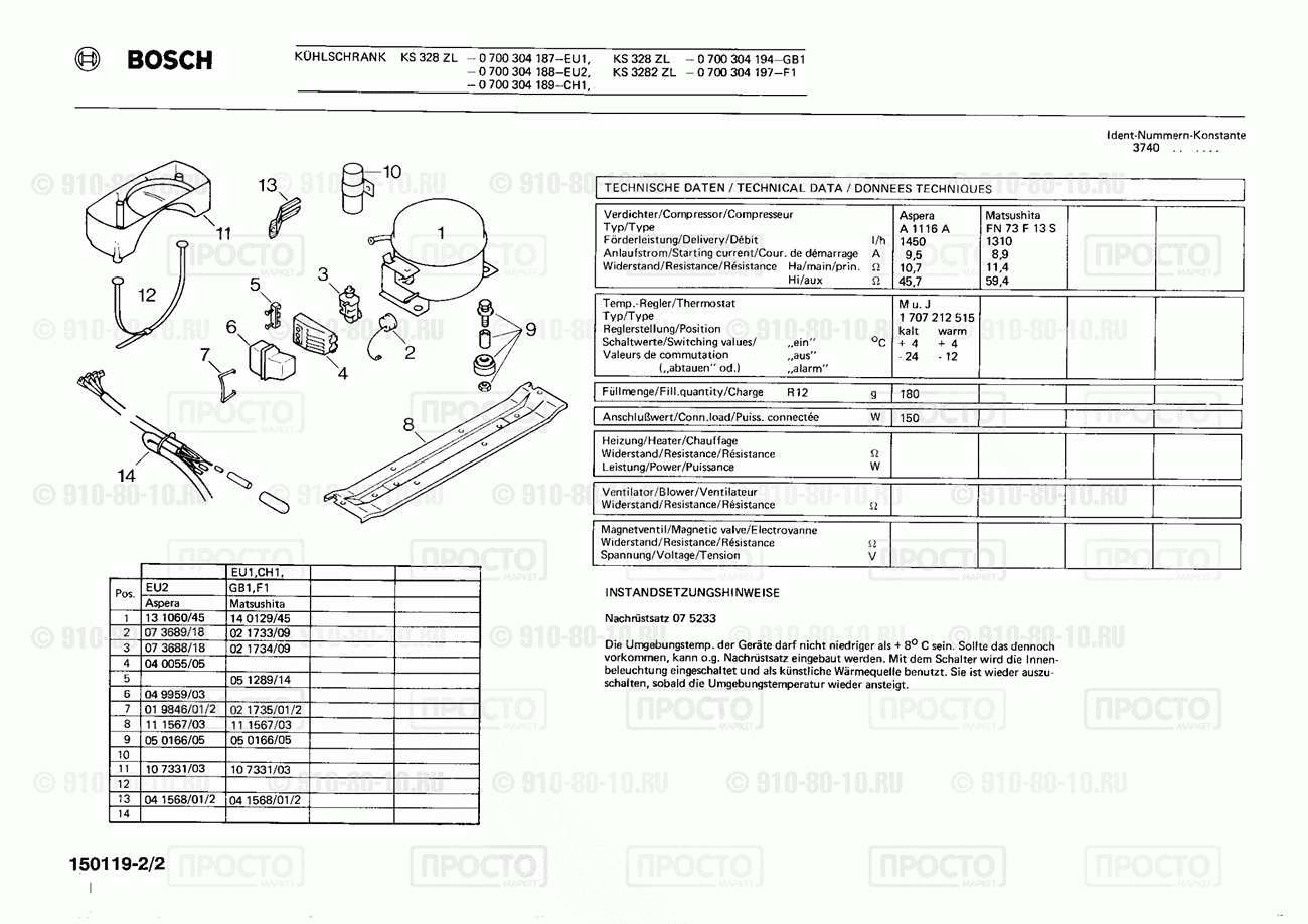 Холодильник Bosch 0700304187(00) - взрыв-схема