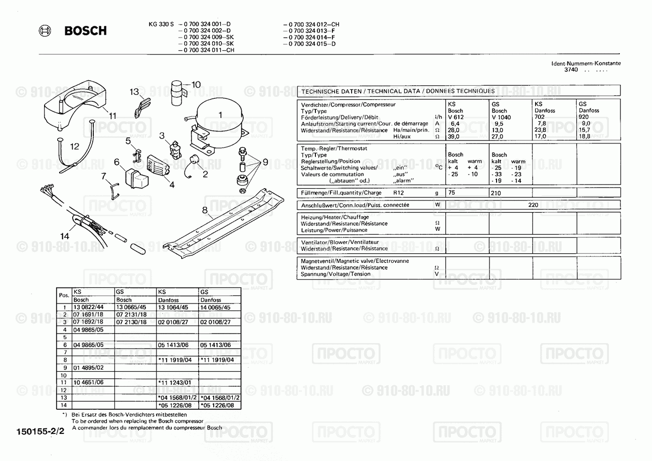 Холодильник Bosch 0700324001(00) - взрыв-схема