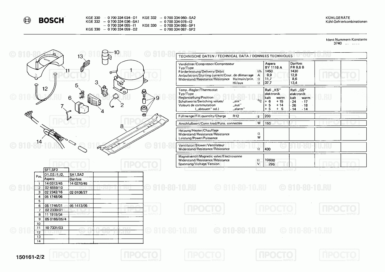 Холодильник Bosch 0700334034(00) - взрыв-схема
