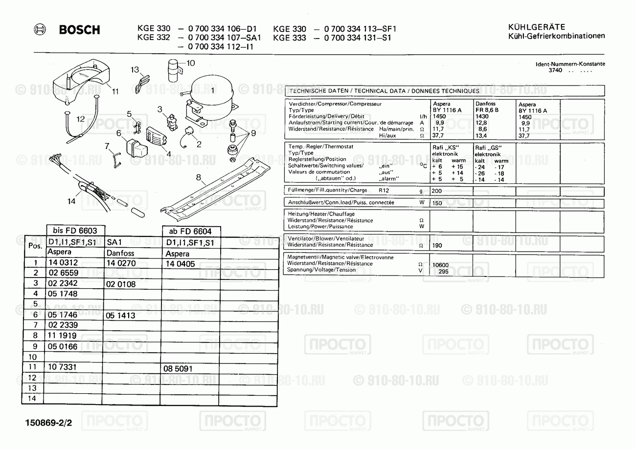Холодильник Bosch 0700334106(00) - взрыв-схема