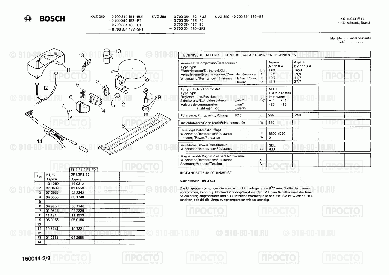Холодильник Bosch 0700354151(00) - взрыв-схема