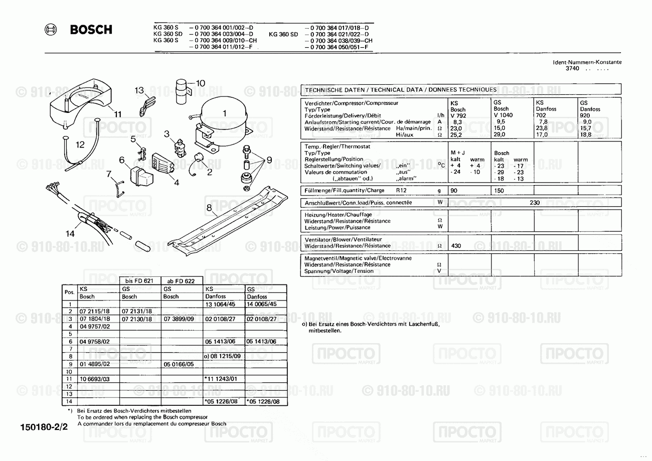 Холодильник Bosch 0700364002(00) - взрыв-схема