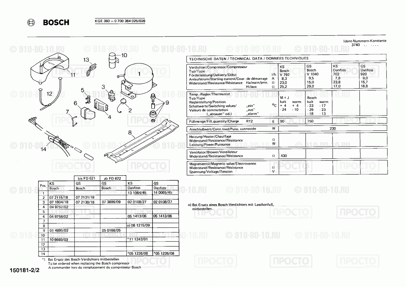 Холодильник Bosch 0700364025(00) - взрыв-схема