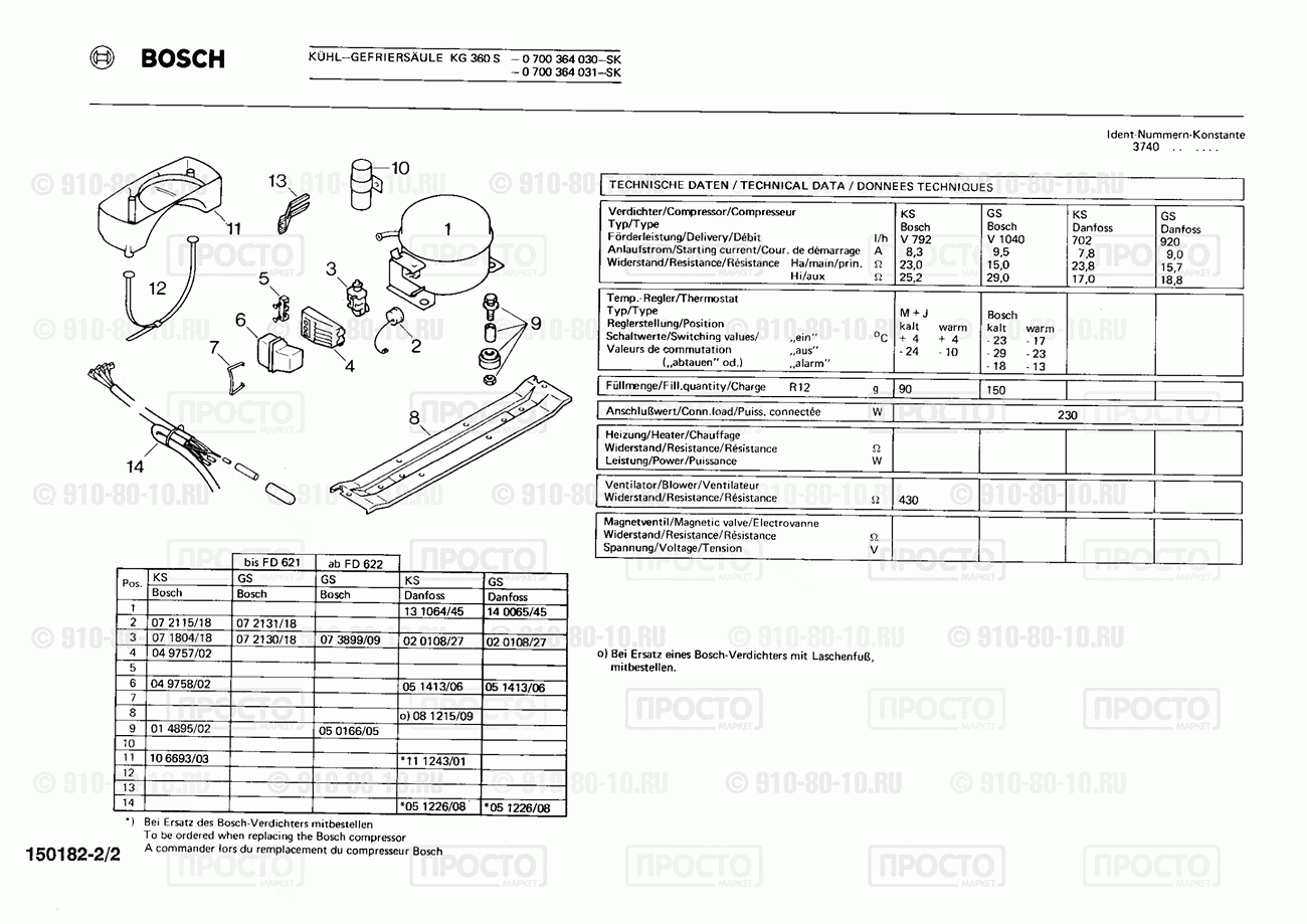 Холодильник Bosch 0700364030(00) - взрыв-схема