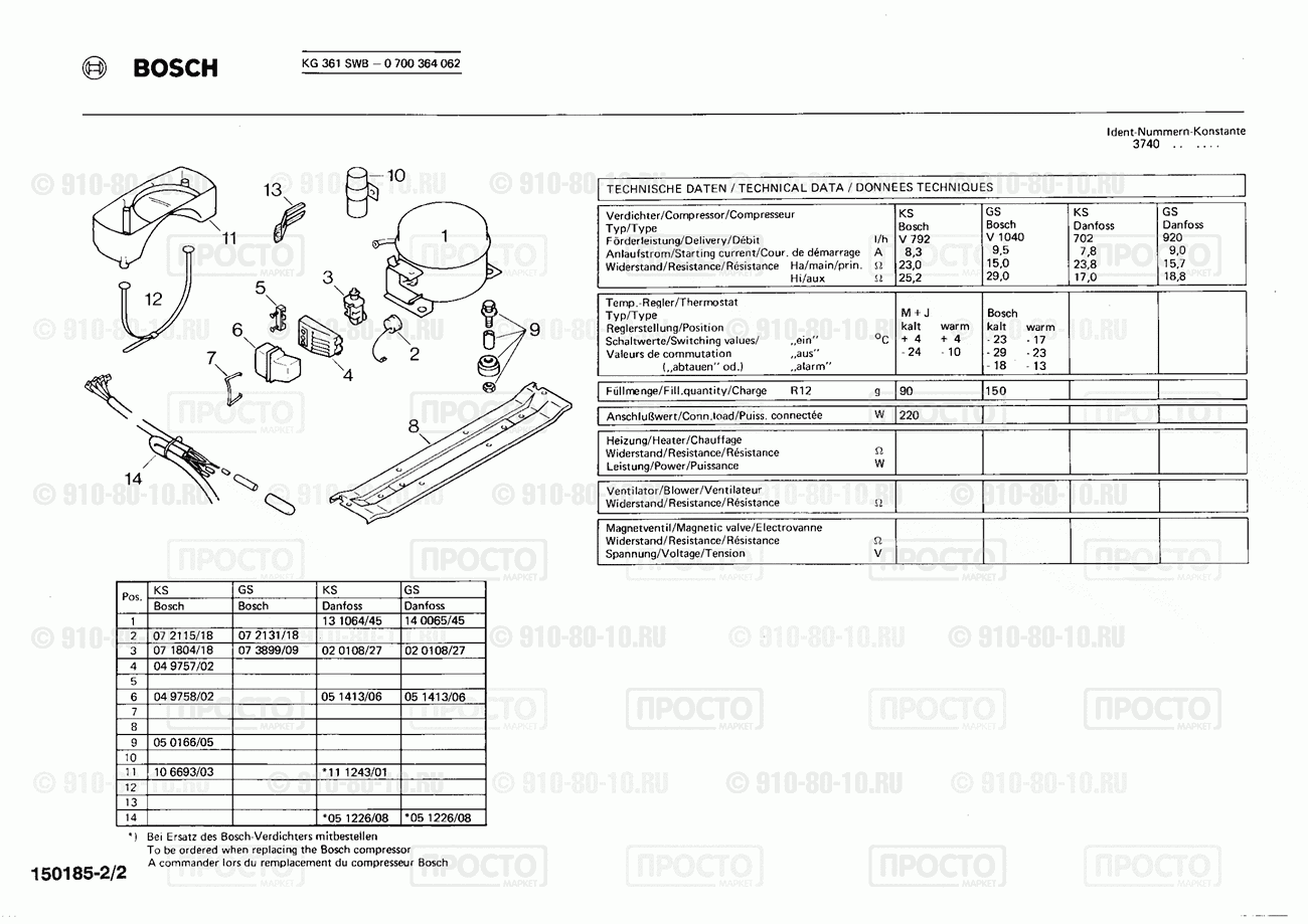 Холодильник Bosch 0700364062(00) - взрыв-схема