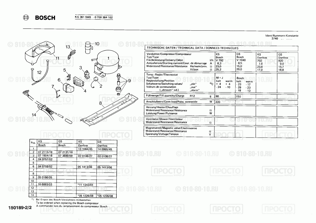Холодильник Bosch 0700364102(00) - взрыв-схема