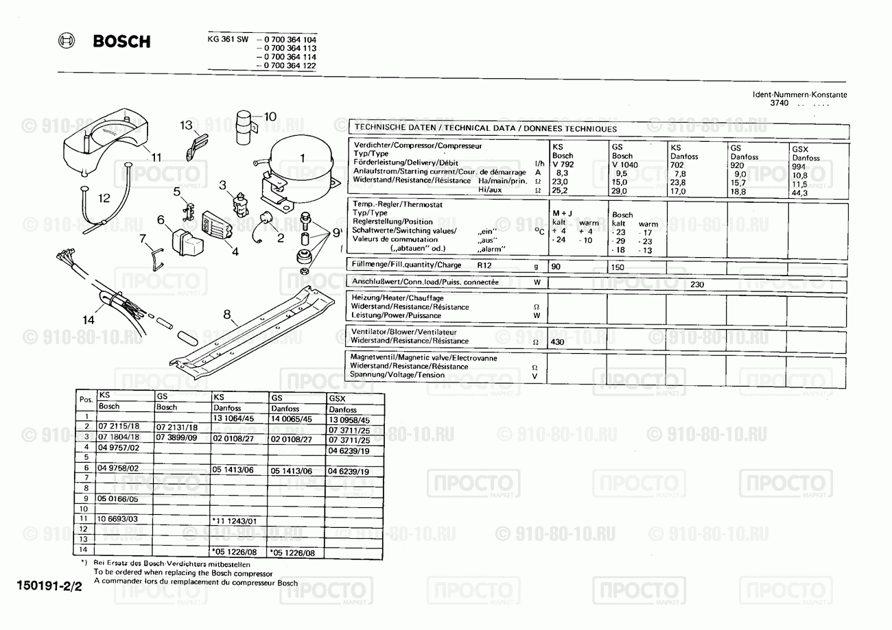 Холодильник Bosch 0700364104(00) - взрыв-схема
