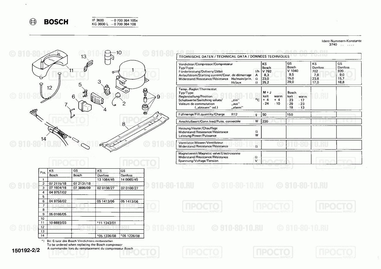 Холодильник Bosch 0700364108(00) - взрыв-схема