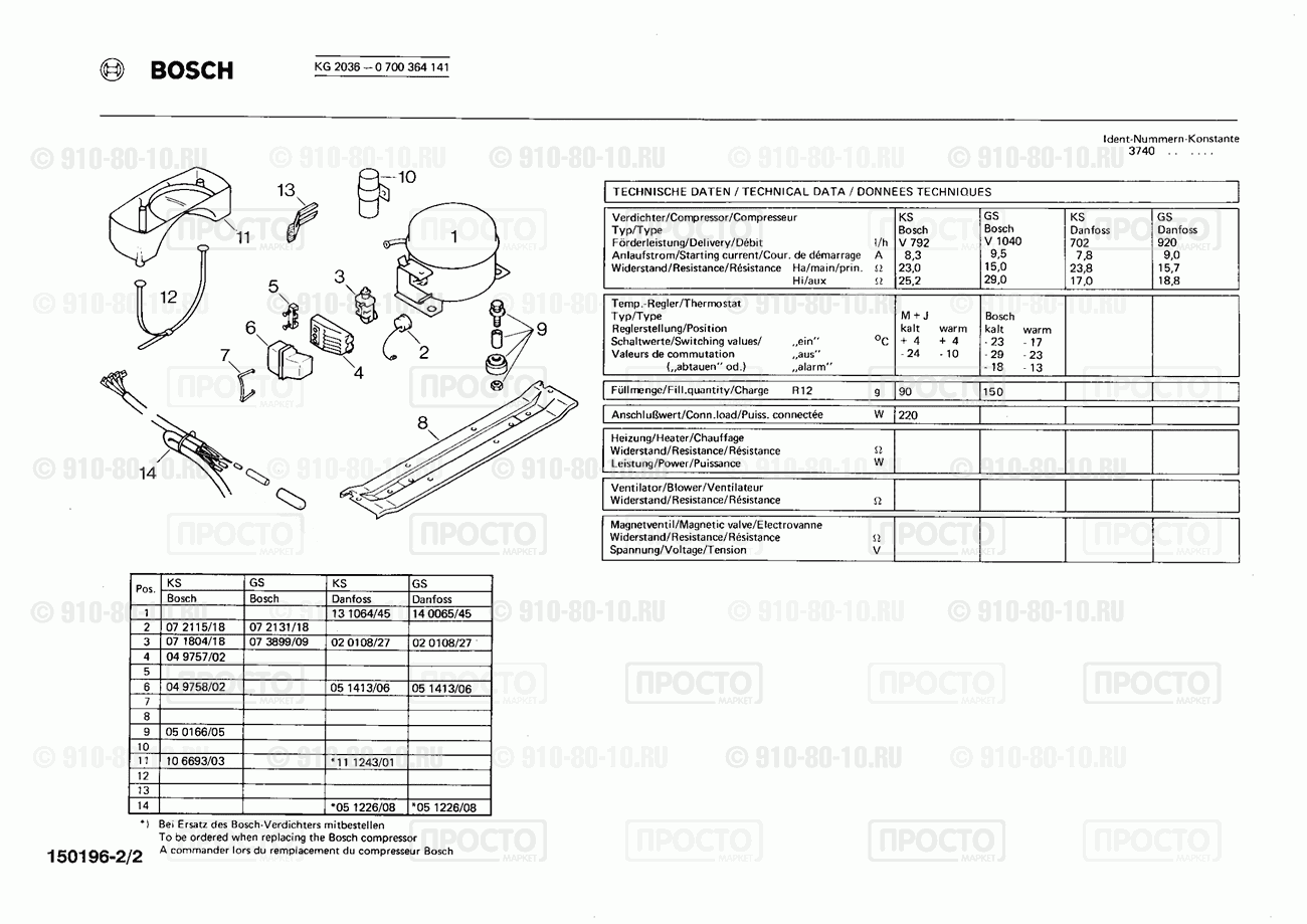 Холодильник Bosch 0700364141(00) - взрыв-схема