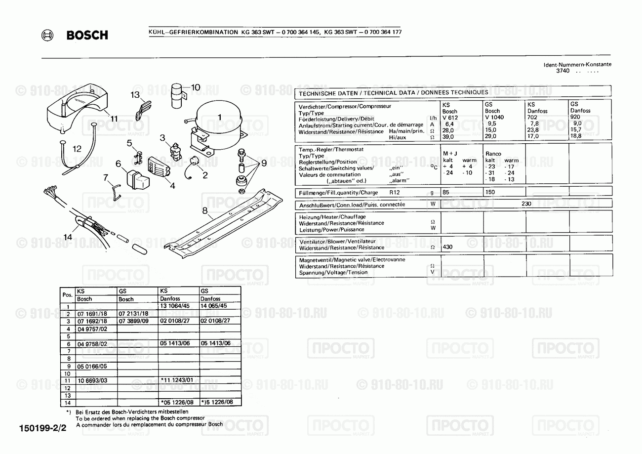 Холодильник Bosch 0700364145(00) - взрыв-схема