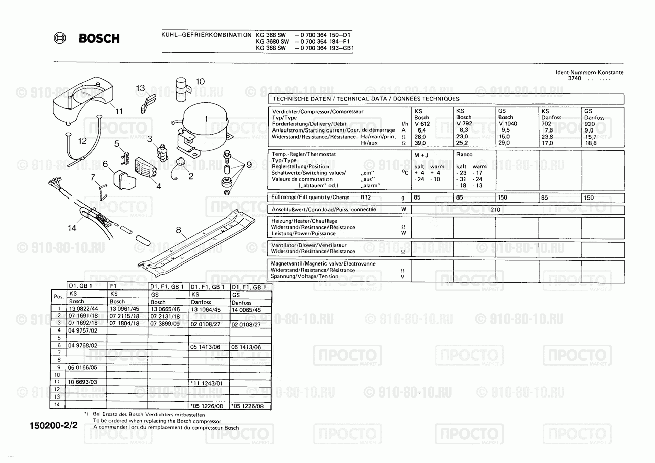 Холодильник Bosch 0700364150(00) - взрыв-схема