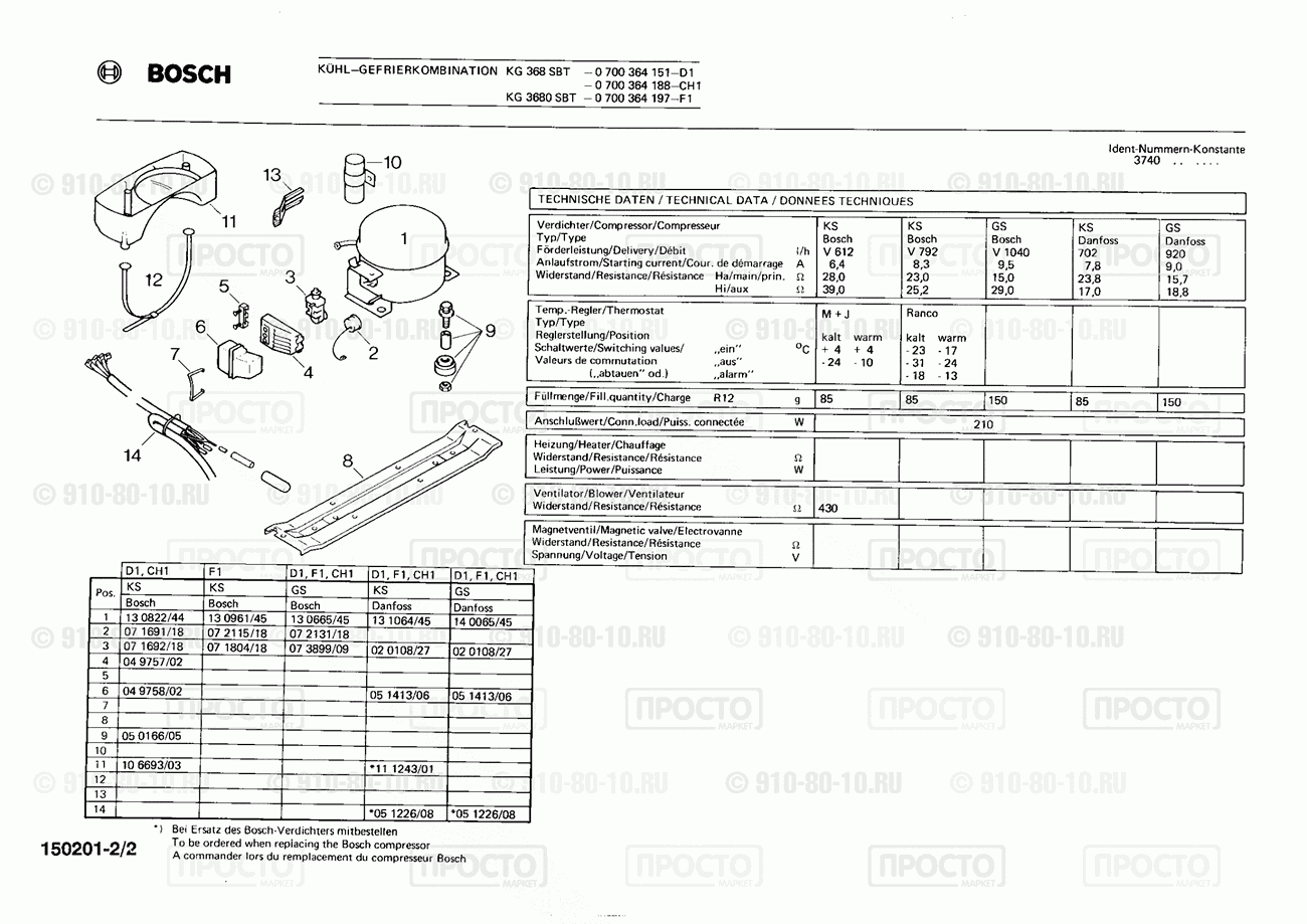 Холодильник Bosch 0700364151(00) - взрыв-схема