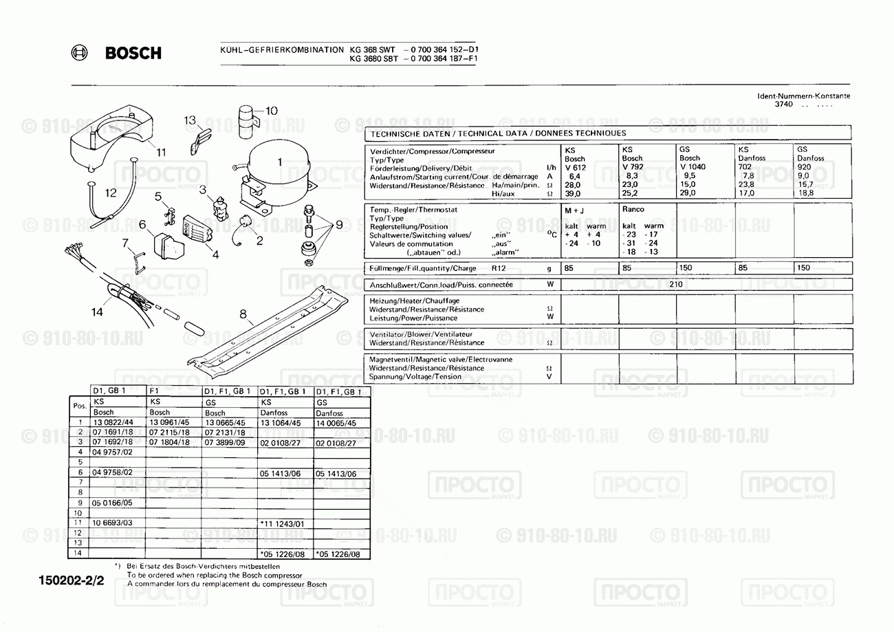 Холодильник Bosch 0700364152(00) - взрыв-схема