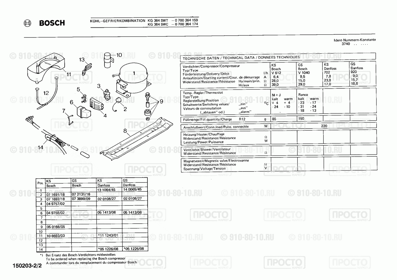 Холодильник Bosch 0700364159(00) - взрыв-схема