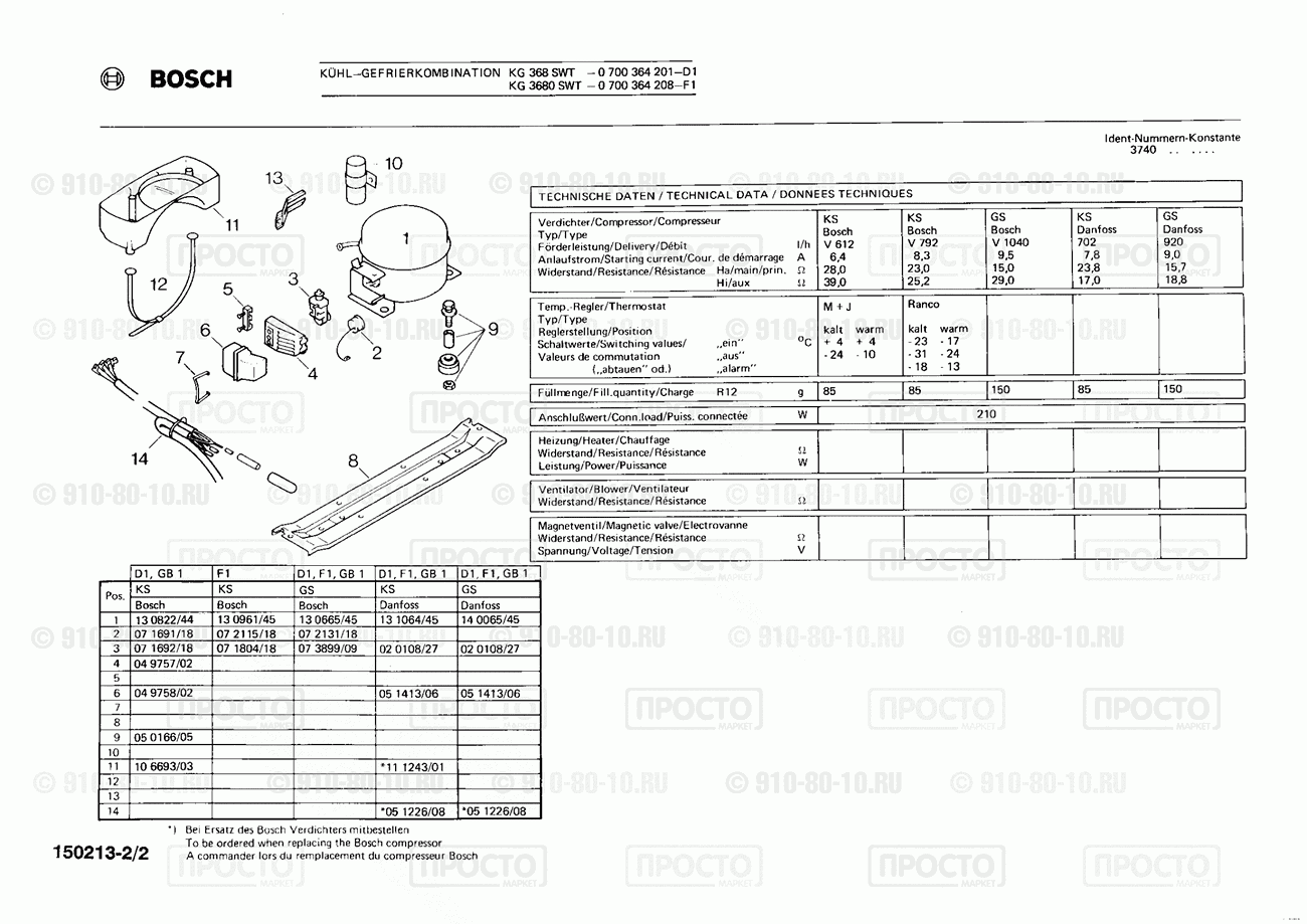 Холодильник Bosch 0700364201(00) - взрыв-схема