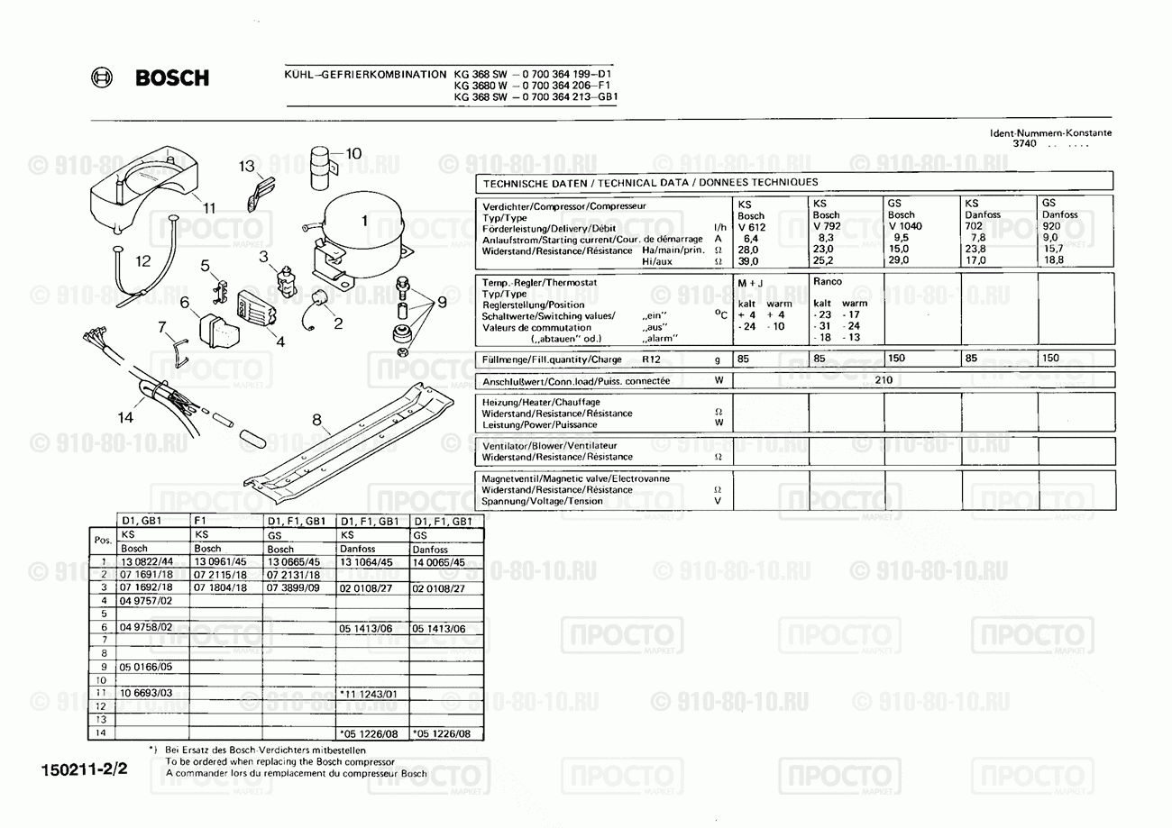 Холодильник Bosch 0700364213(00) - взрыв-схема