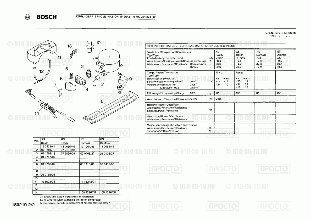 Холодильник Bosch 0700364224(00) - взрыв-схема