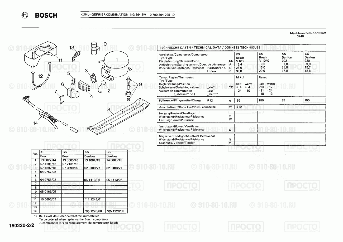 Холодильник Bosch 0700364225(00) - взрыв-схема