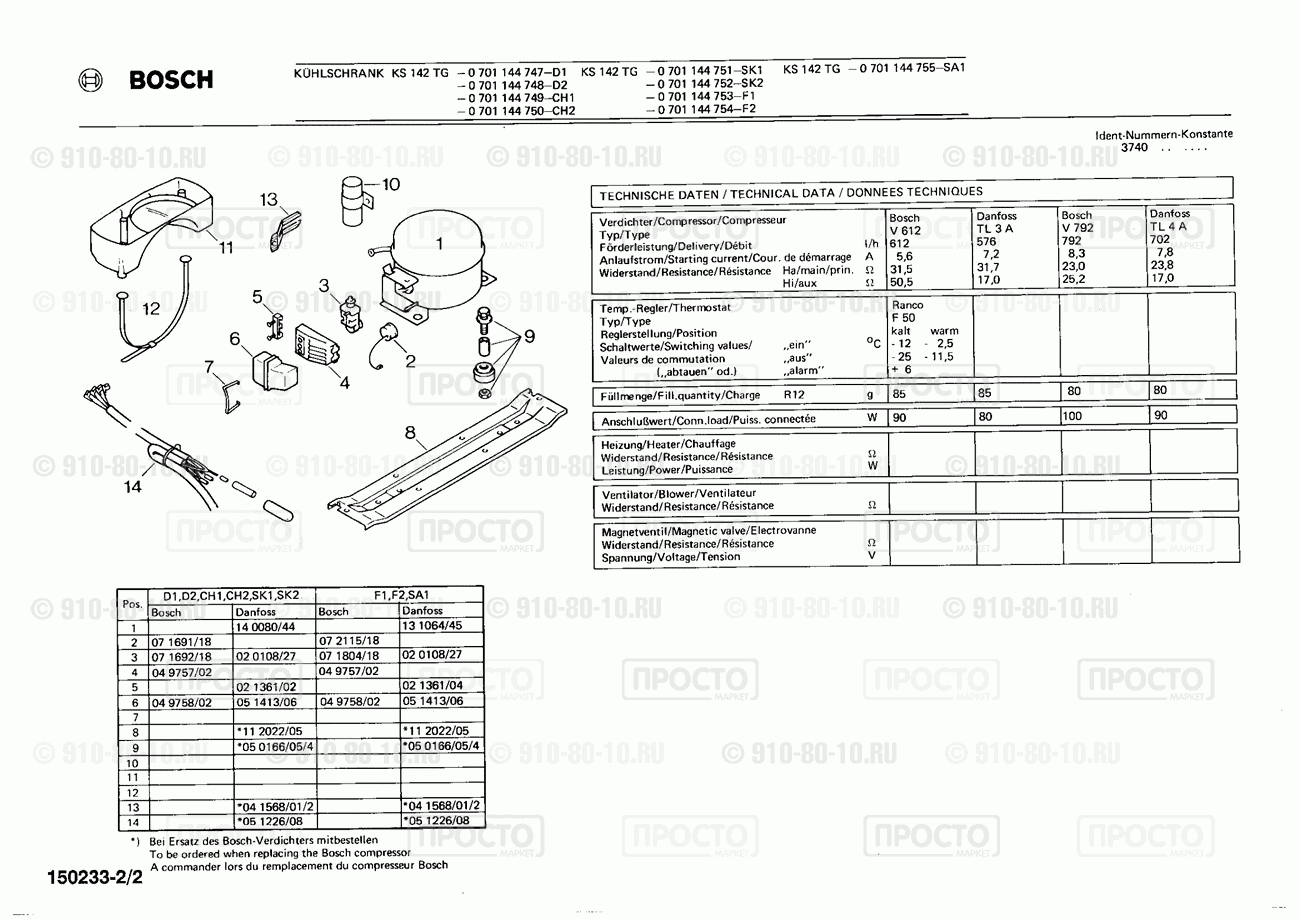 Холодильник Bosch 0701144747(00) - взрыв-схема