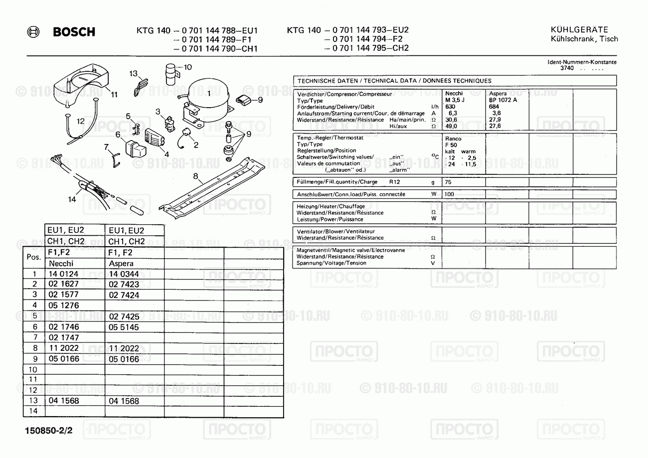 Холодильник Bosch 0701144794(00) - взрыв-схема