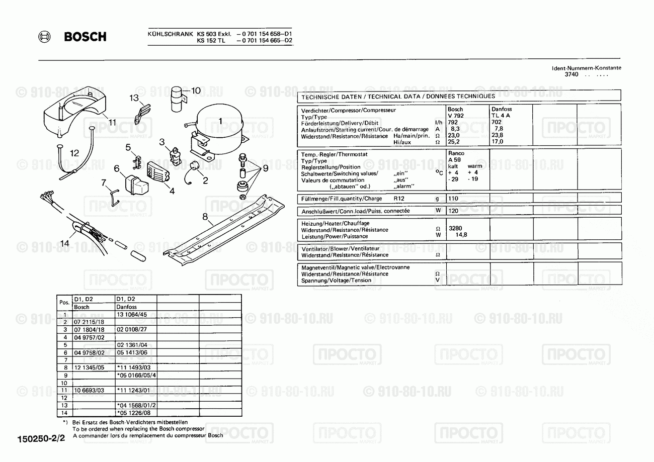 Холодильник Bosch 0701154658(00) - взрыв-схема