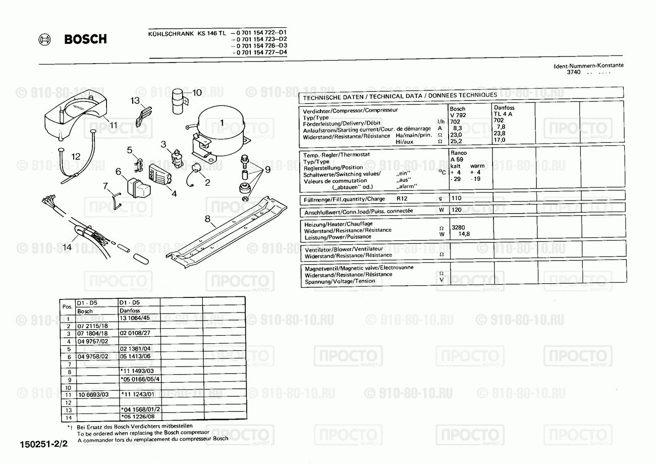 Холодильник Bosch 0701154722(00) - взрыв-схема