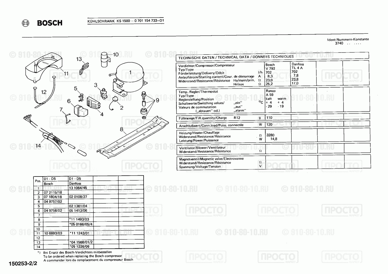Холодильник Bosch 0701154733(00) - взрыв-схема