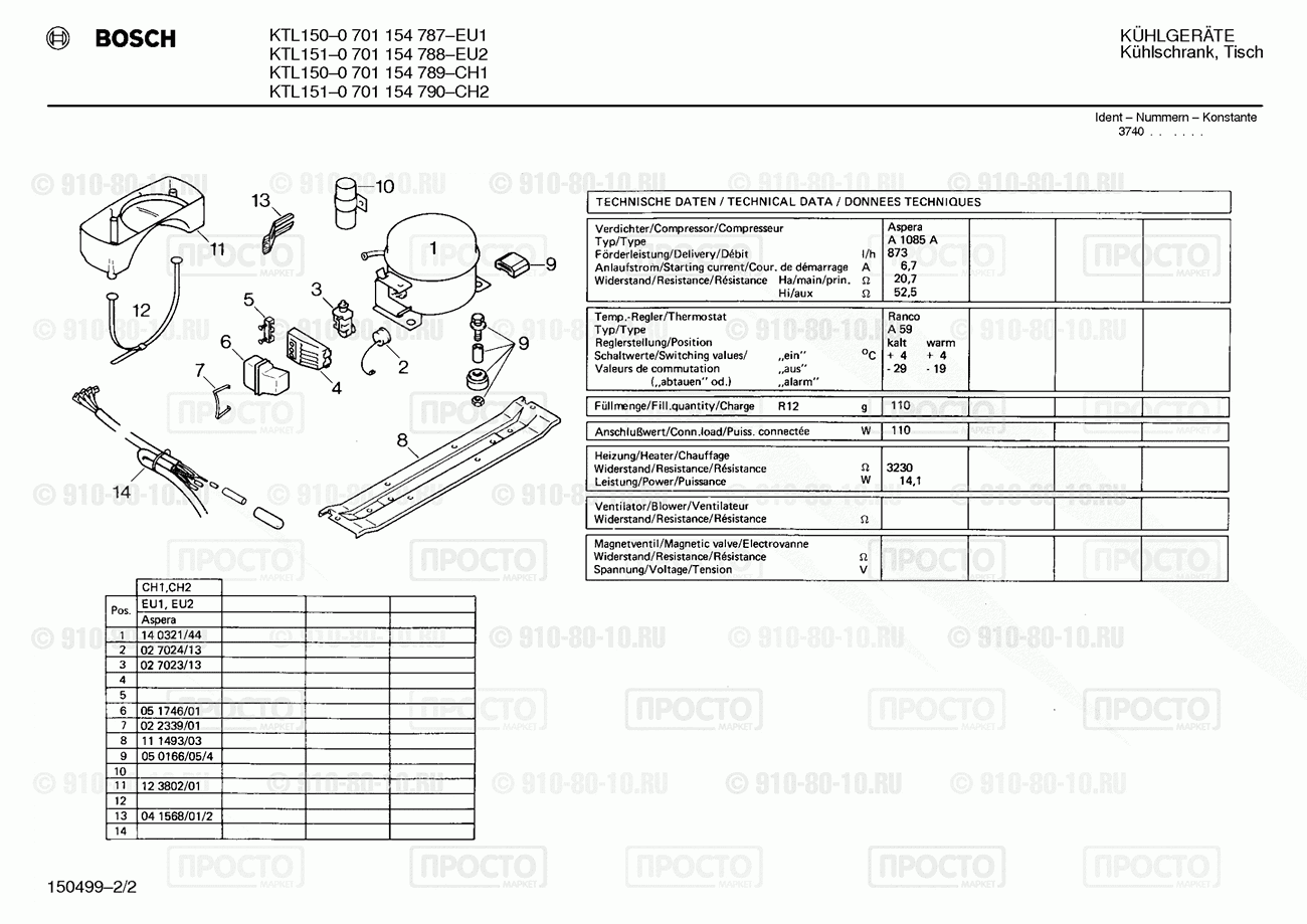 Холодильник Bosch 0701154787(00) - взрыв-схема