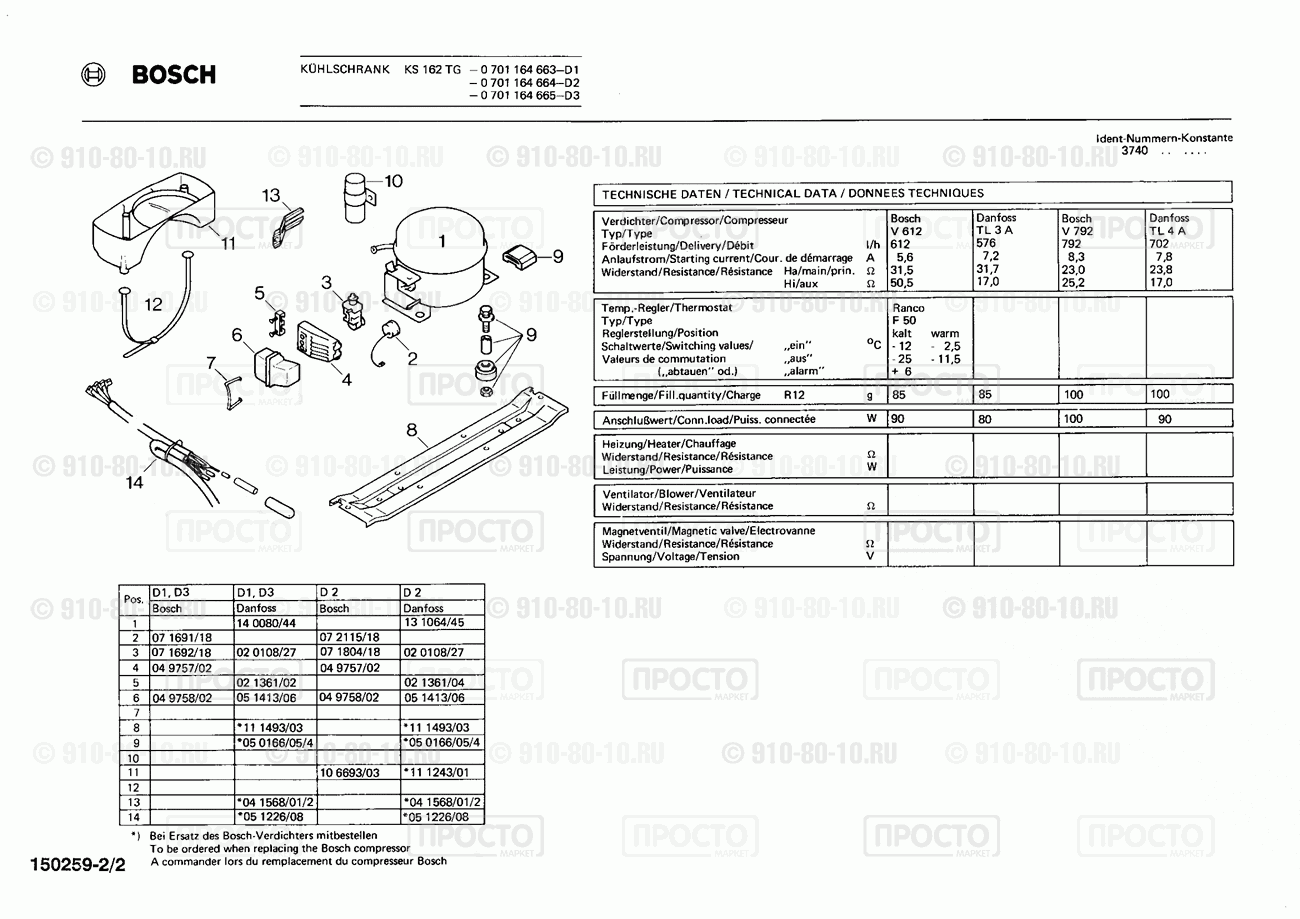 Холодильник Bosch 0701164664(00) - взрыв-схема