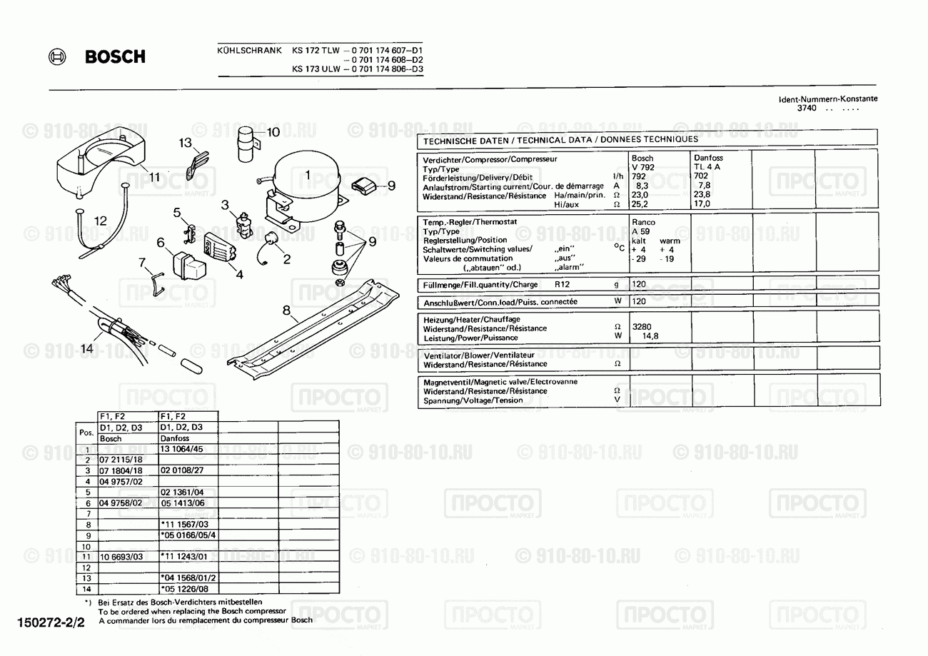 Холодильник Bosch 0701174608(00) - взрыв-схема