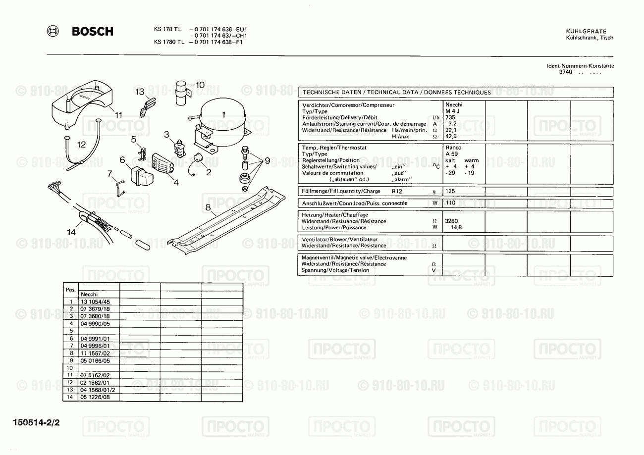 Холодильник Bosch 0701174636(00) - взрыв-схема