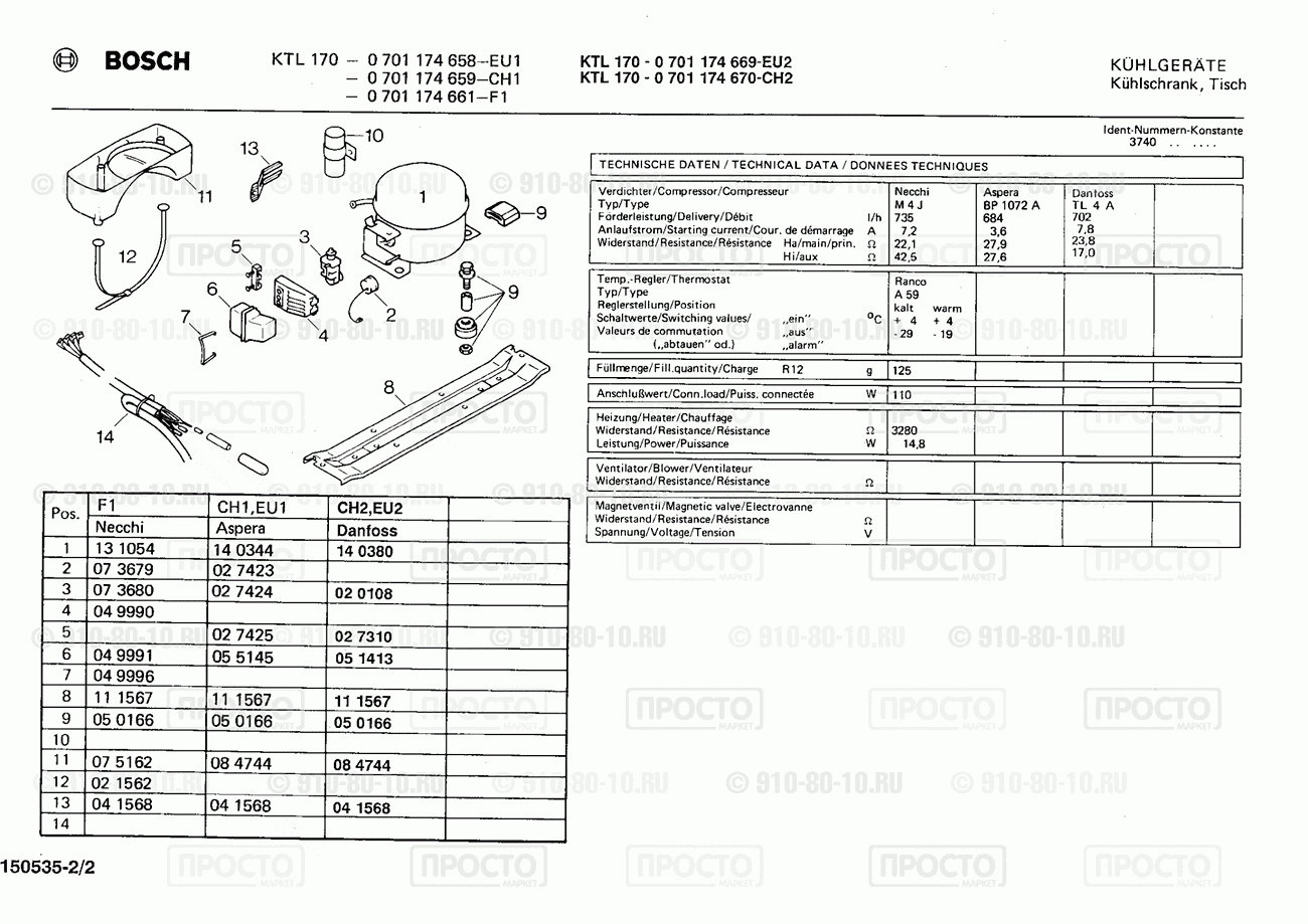 Холодильник Bosch 0701174659(00) - взрыв-схема