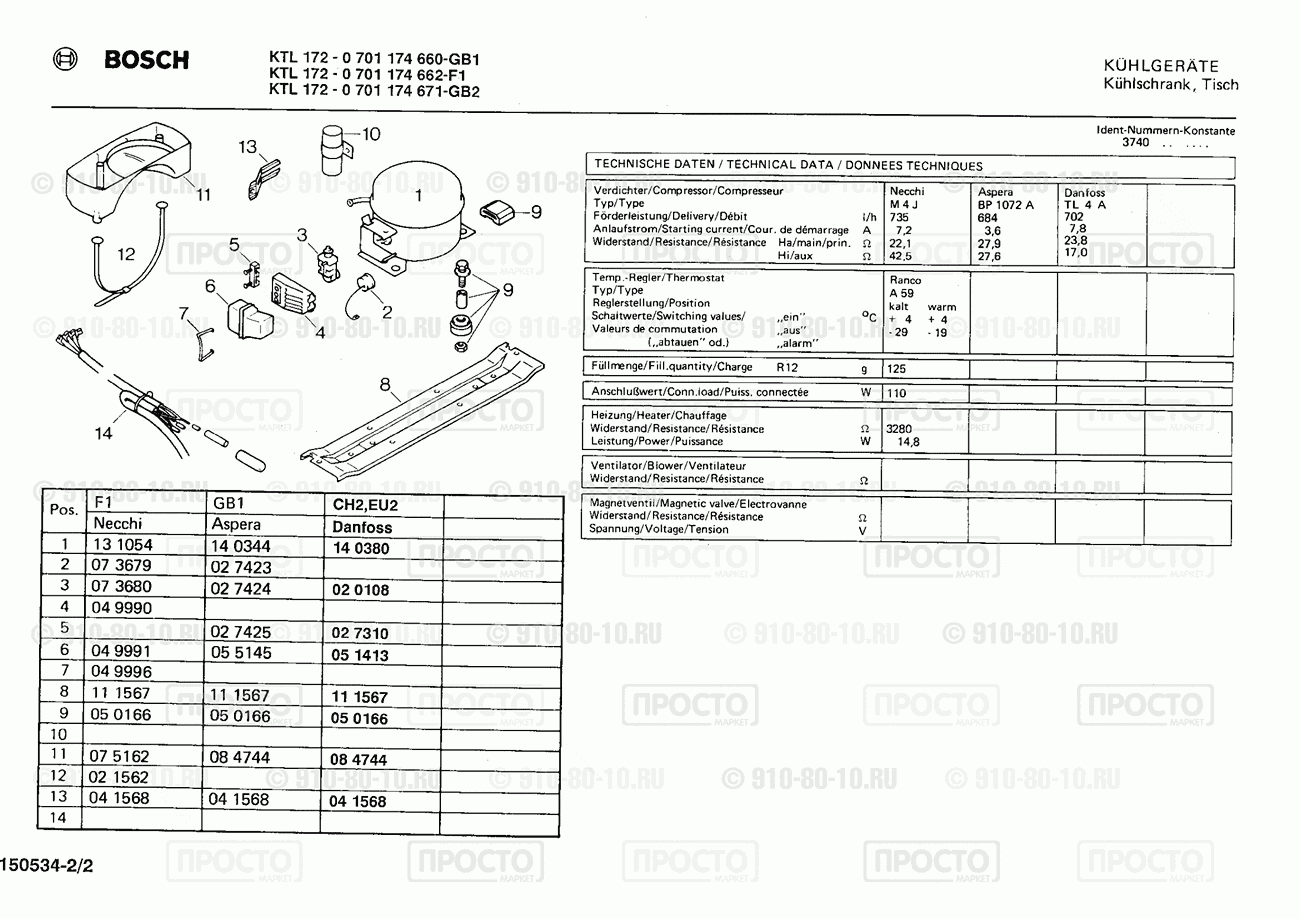 Холодильник Bosch 0701174660(00) - взрыв-схема