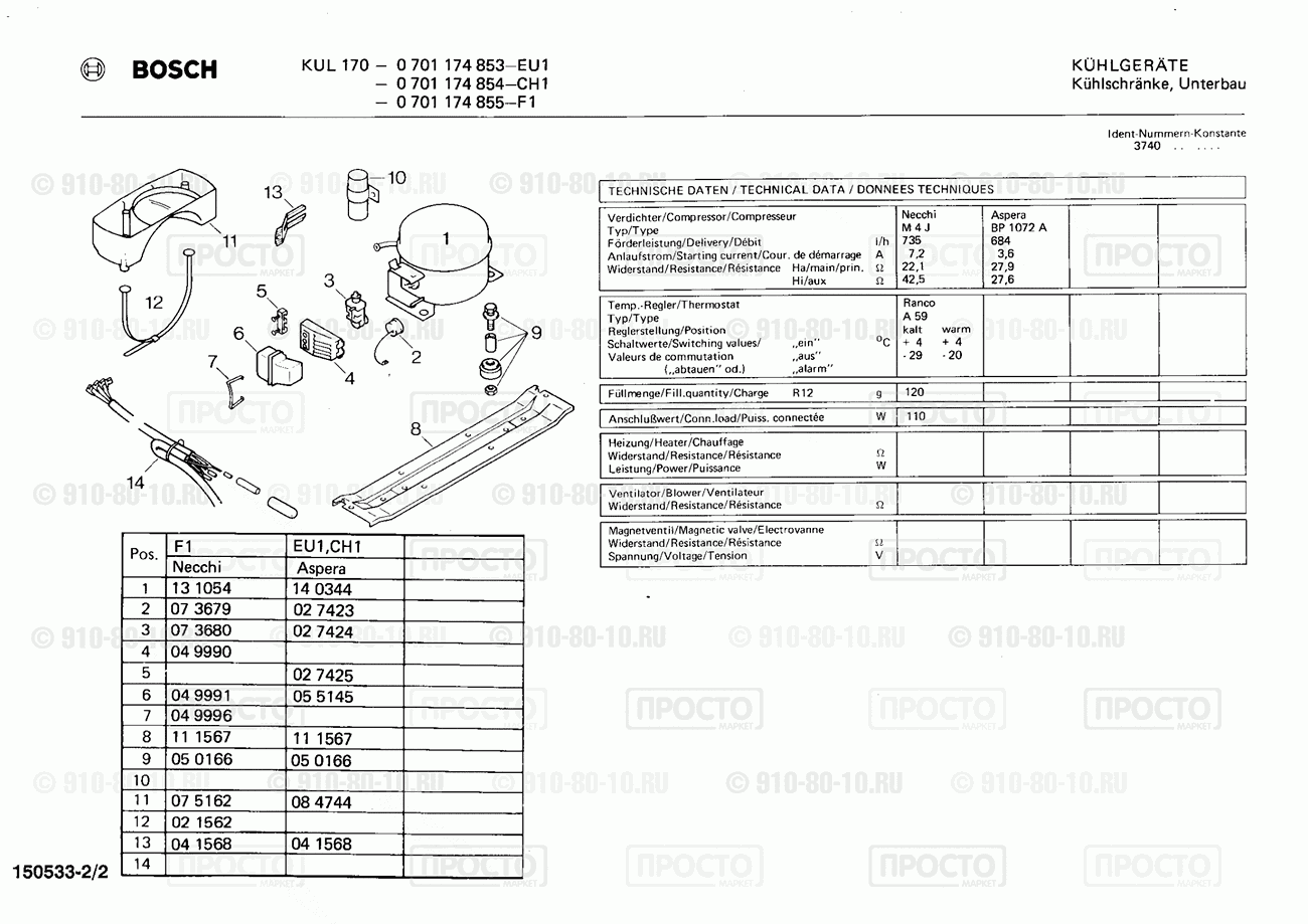 Холодильник Bosch 0701174853(00) - взрыв-схема