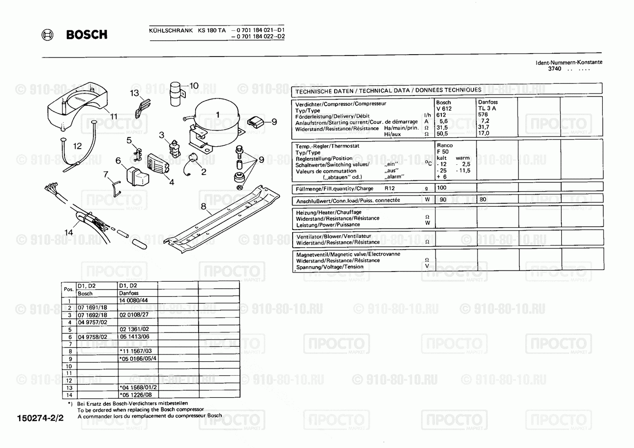 Холодильник Bosch 0701184022(00) - взрыв-схема